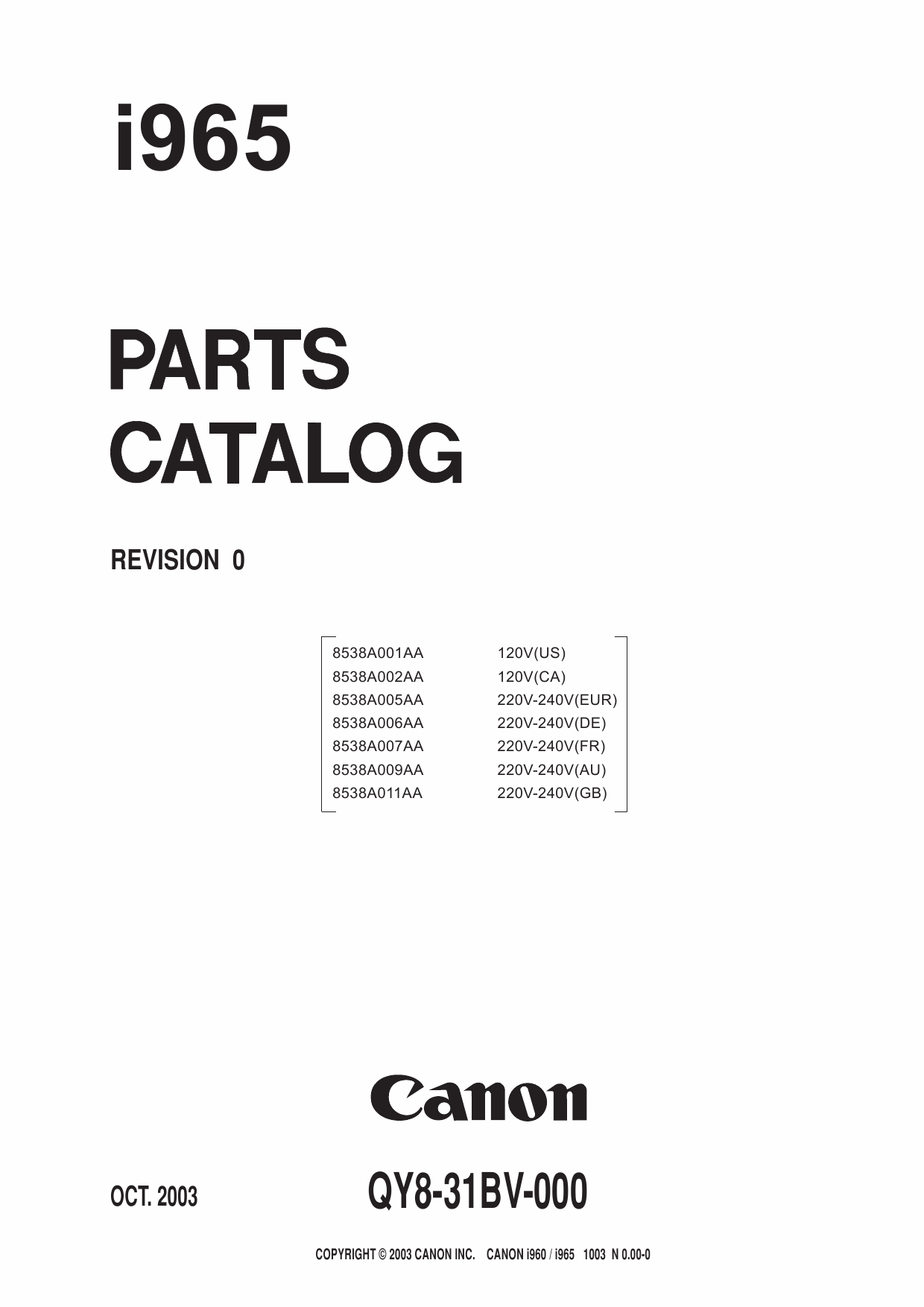 Canon PIXUS i965 Parts Catalog Manual-1